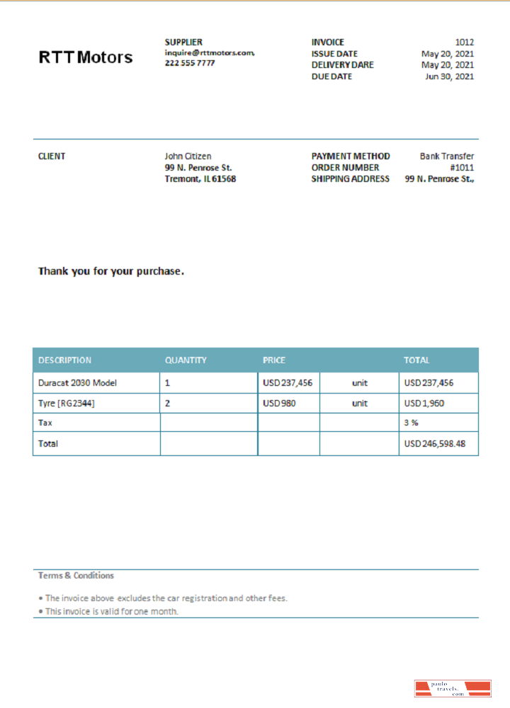 USA RTT Motors invoice PSD template